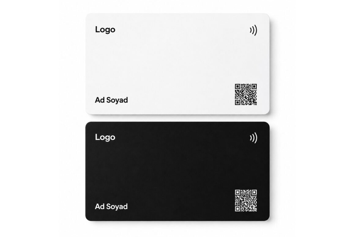 haber-kartvizit Beyaz ve siyah NFC kartvizit, logo ve ad soyad alanlarıyla