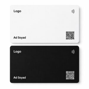 haber-kartvizit Beyaz ve siyah NFC kartvizit, logo ve ad soyad alanlarıyla