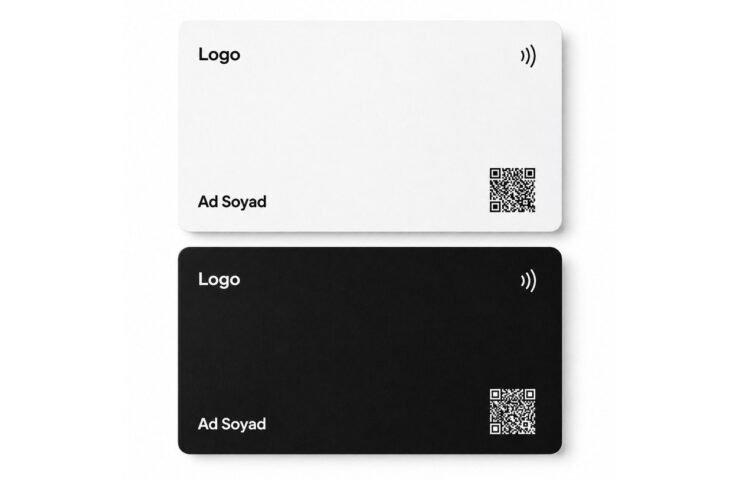 Beyaz ve siyah NFC kartvizit, logo ve ad soyad alanlarıyla