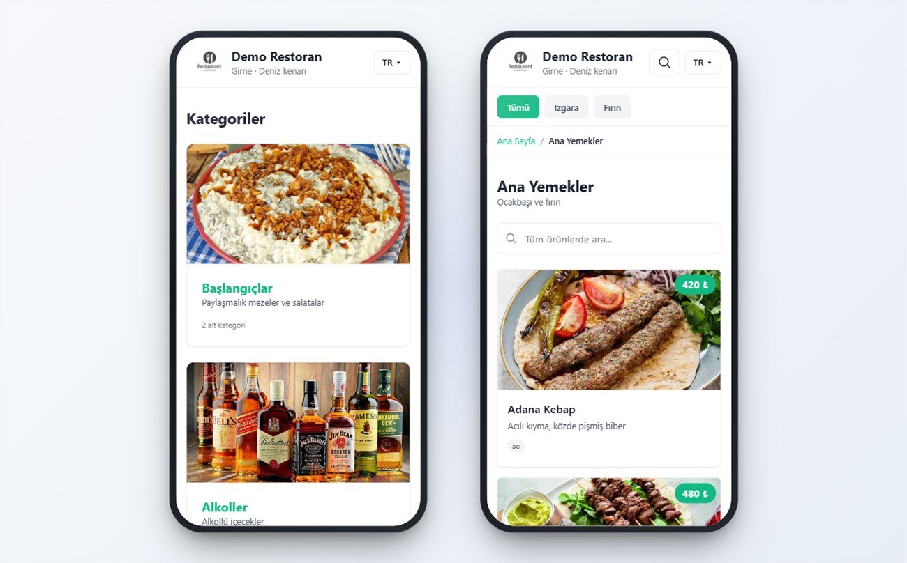 QR menü örneği — kategori listesi ve ürün listesi ekranları