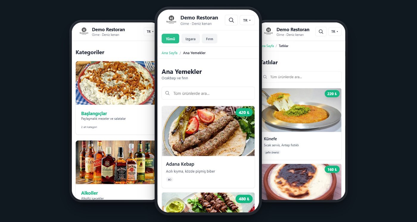 KKTC QR menü örneği — telefonda kategori ve ürün ekranları